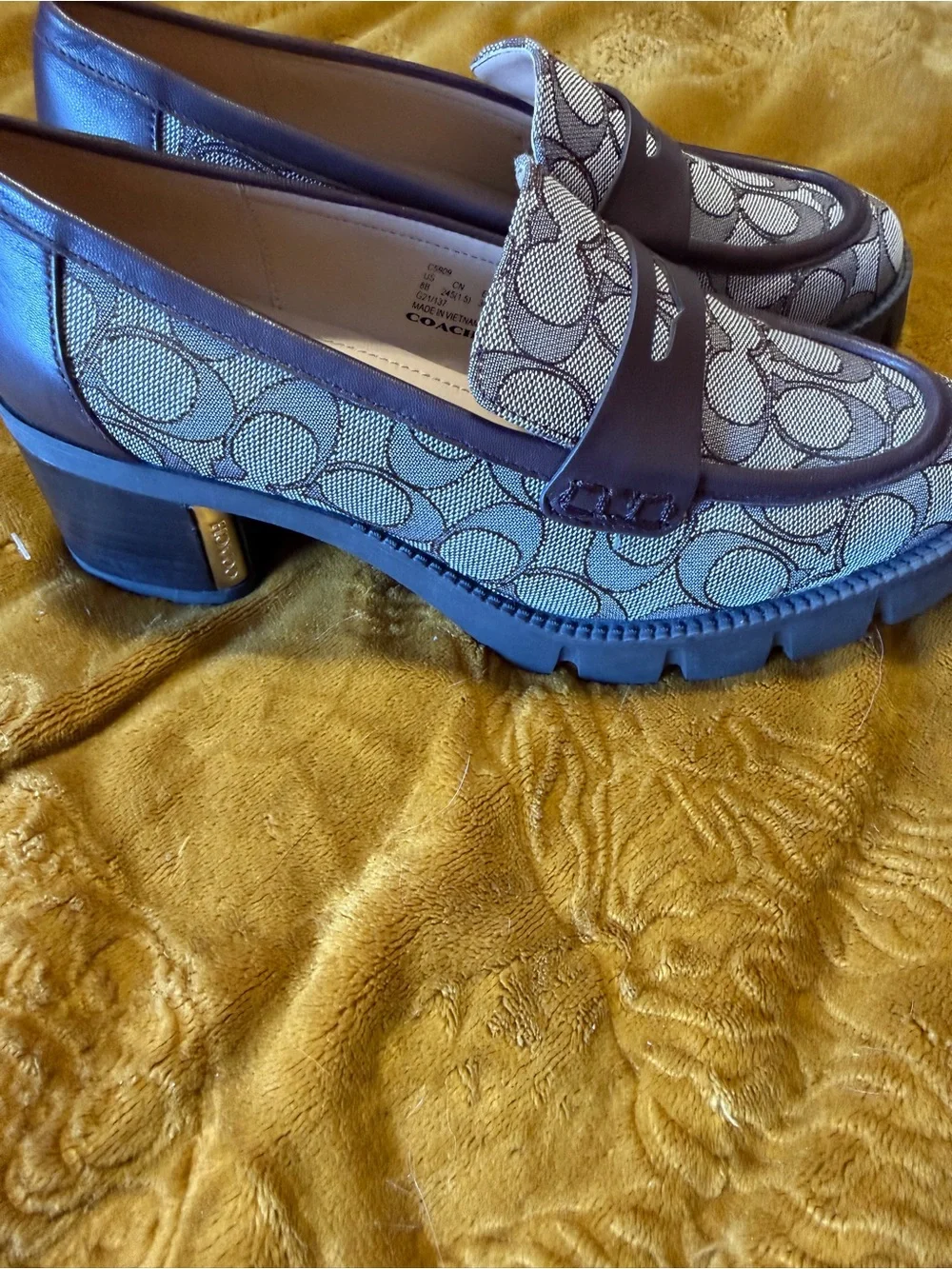 Coach Beige Signature Canvas Penny Loafers with Brown Trim